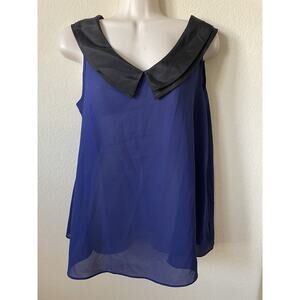 Forever 21 Blue Black V Neck Peter Pan Collar Sheer Sleeveless Blouse Top Size S